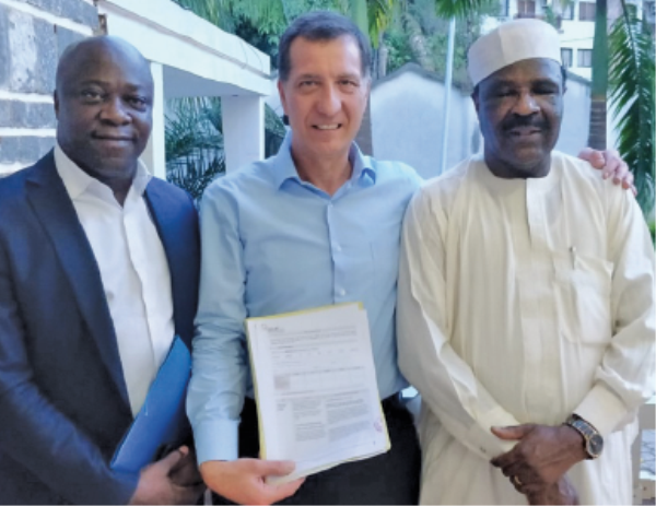 From left to right: Nexttel VP Moise Bay; Arik Zenouda, West Africa sales director for Gilat Telecom; and Nexttel chair, Baba Amadou Danpullo.